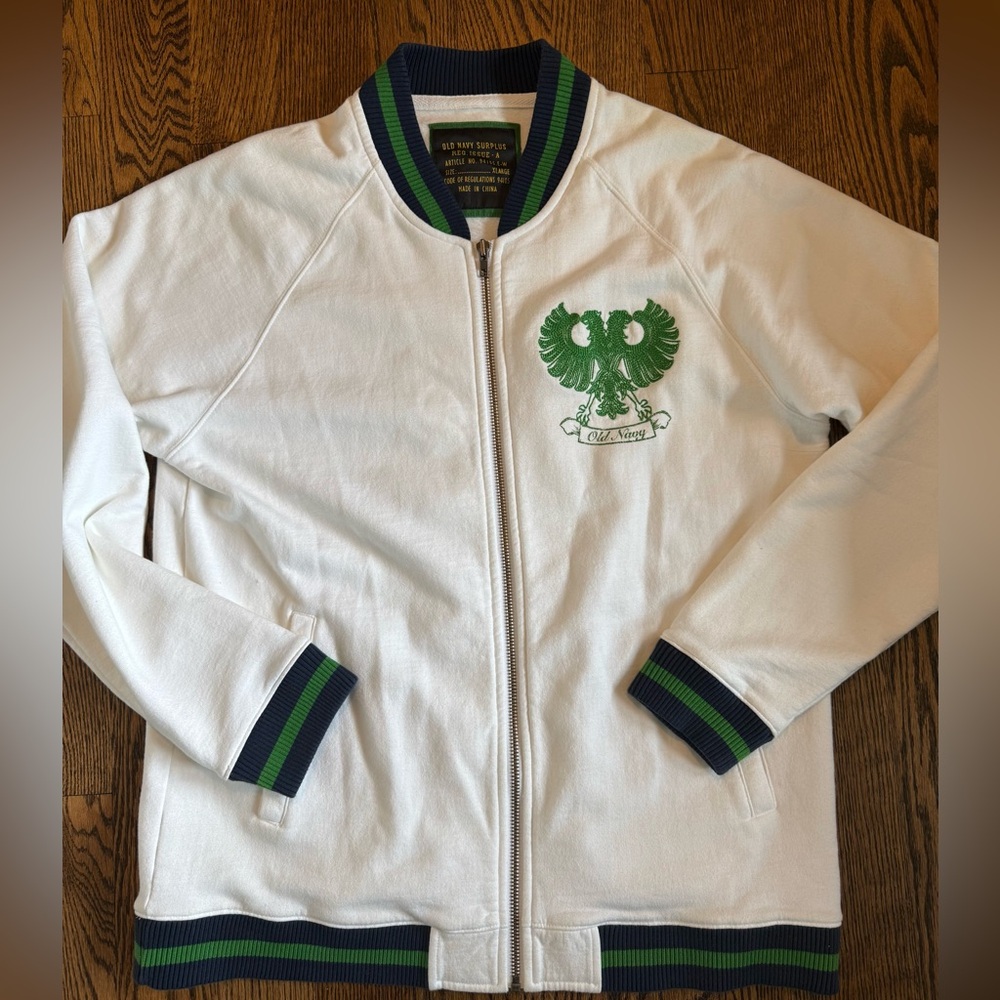 Old Navy surplus y2k varsity sweatshirt jacket white green XL - Picture 2 of 5